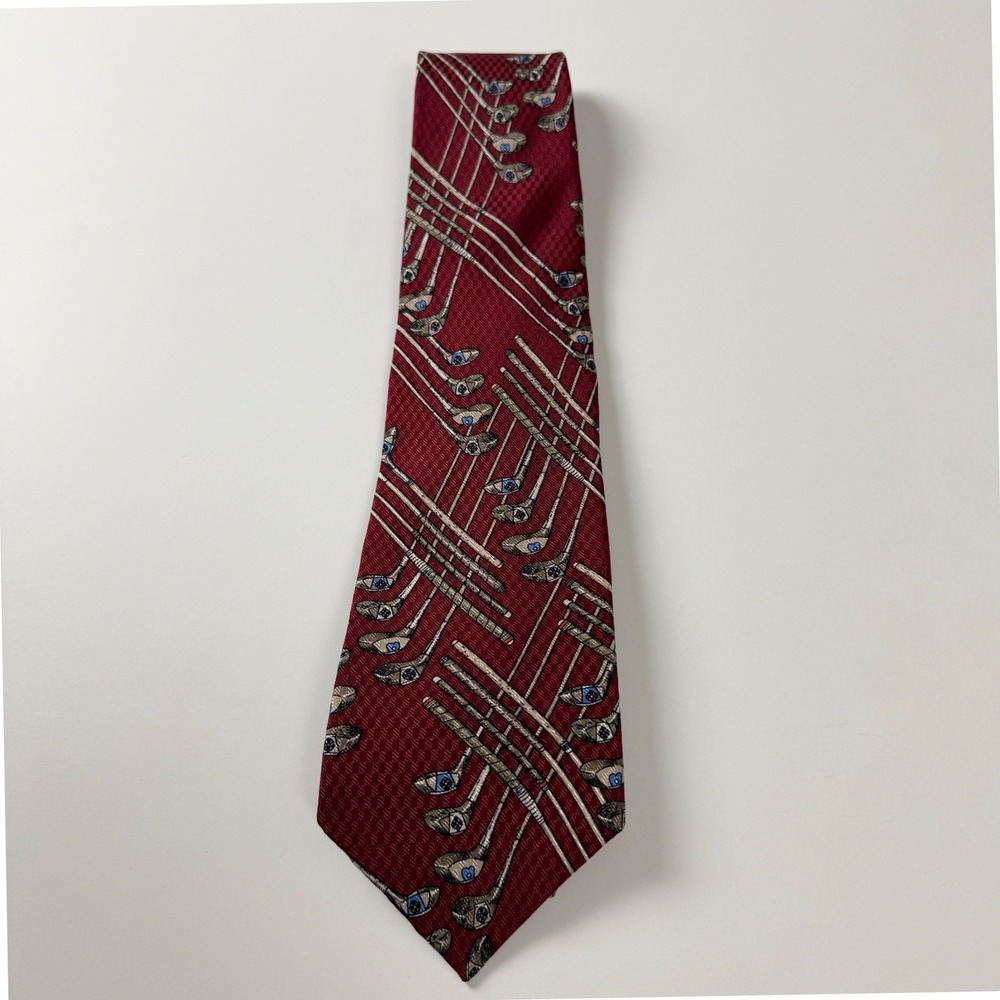 Payne‎ Stewart Maroon Golf Club Graphic Print Novelty Silk Tie USA